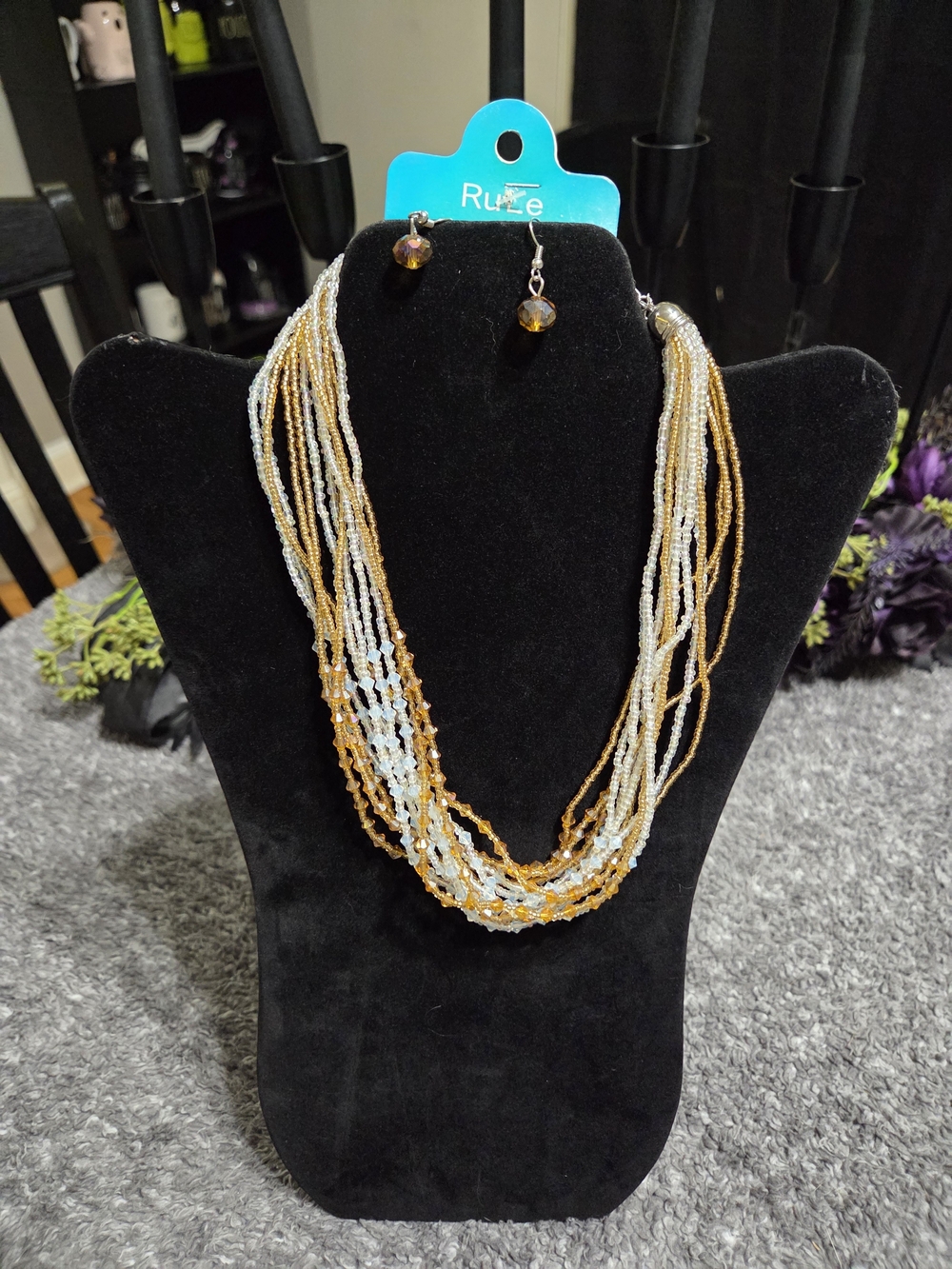 Gold and Clear Beaded Multi-Strand Necklace with Matching Earrings